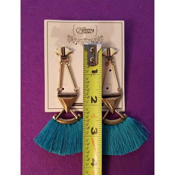 Long Dangle Bright Blue Tassel Chandelier Style Earrings Brass Tone Pierced New - Picture 4 of 7